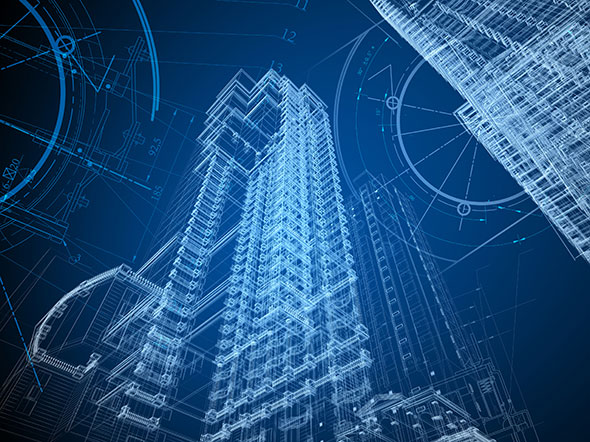 Digital blueprint of a skyscraper building